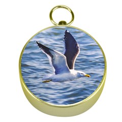 Seagull Flying Over Sea, Montevideo, Uruguay Gold Compasses by dflcprintsclothing