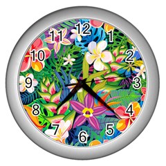 Colorful Floral Pattern Wall Clock (silver) by designsbymallika