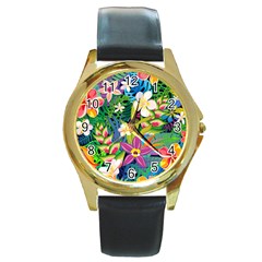 Colorful Floral Pattern Round Gold Metal Watch by designsbymallika