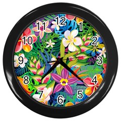 Colorful Floral Pattern Wall Clock (black) by designsbymallika