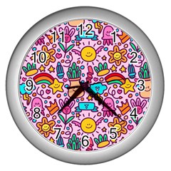 Colourful Funny Pattern Wall Clock (silver) by designsbymallika