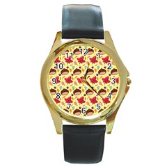 Cute Leaf Pattern Round Gold Metal Watch by designsbymallika