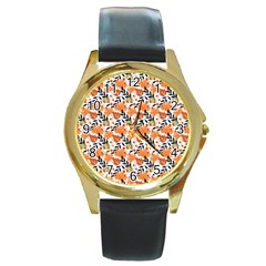 Black Orange Autumn Leaves Pattern Round Gold Metal Watch by designsbymallika