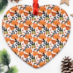 Black Orange Autumn Leaves Pattern Heart Ornament (two Sides) by designsbymallika