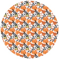 Black Orange Autumn Leaves Pattern Wooden Puzzle Round by designsbymallika