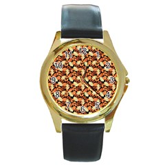 Autumn Leaves Orange Pattern Round Gold Metal Watch by designsbymallika