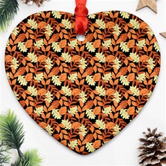 Autumn Leaves Orange Pattern Heart Ornament (two Sides) by designsbymallika