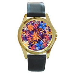 Colourful Print 5 Round Gold Metal Watch by designsbymallika