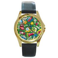 Cartoon Pattern Round Gold Metal Watch by designsbymallika