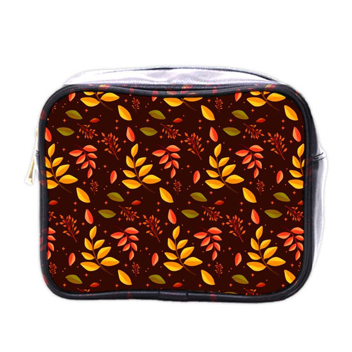 Yellow Green Orange Leaf Pattern Mini Toiletries Bag (One Side)