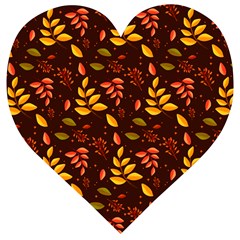 Yellow Green Orange Leaf Pattern Wooden Puzzle Heart by designsbymallika