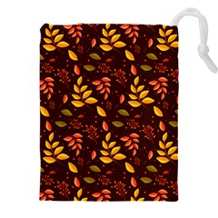 Yellow Green Orange Leaf Pattern Drawstring Pouch (4xl) by designsbymallika