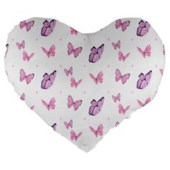 Pink Purple Butterfly Large 19  Premium Flano Heart Shape Cushions by designsbymallika