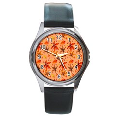 Orange Brown Leaves Round Metal Watch by designsbymallika