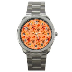 Orange Brown Leaves Sport Metal Watch by designsbymallika