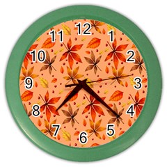 Orange Brown Leaves Color Wall Clock by designsbymallika