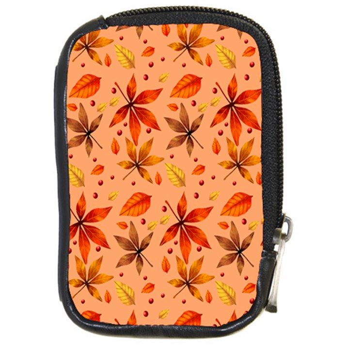 Orange Brown Leaves Compact Camera Leather Case