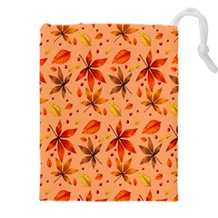 Orange Brown Leaves Drawstring Pouch (4xl) by designsbymallika