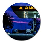 Night Scene Gas Station Building, Montevideo, Uruguay Round Mousepads Front