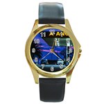 Night Scene Gas Station Building, Montevideo, Uruguay Round Gold Metal Watch Front