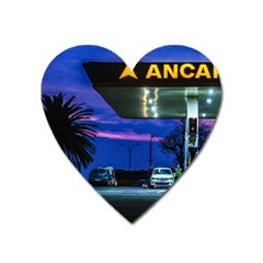 Night Scene Gas Station Building, Montevideo, Uruguay Heart Magnet by dflcprintsclothing