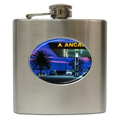 Night Scene Gas Station Building, Montevideo, Uruguay Hip Flask (6 Oz) by dflcprintsclothing