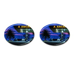 Night Scene Gas Station Building, Montevideo, Uruguay Cufflinks (oval) by dflcprintsclothing