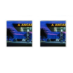 Night Scene Gas Station Building, Montevideo, Uruguay Cufflinks (square) by dflcprintsclothing