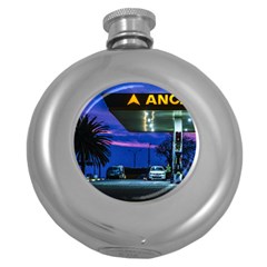 Night Scene Gas Station Building, Montevideo, Uruguay Round Hip Flask (5 Oz) by dflcprintsclothing