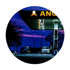 Night Scene Gas Station Building, Montevideo, Uruguay Round Ornament (two Sides) by dflcprintsclothing