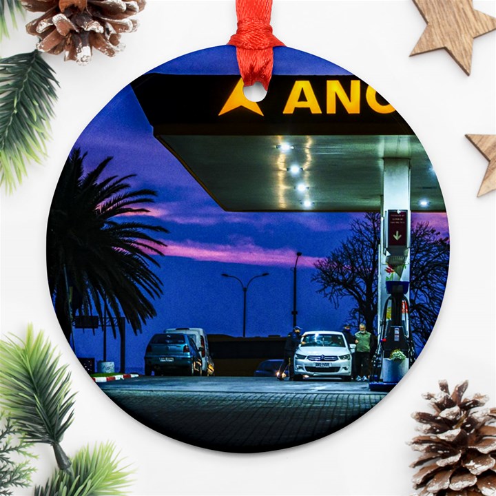 Night Scene Gas Station Building, Montevideo, Uruguay Round Ornament (Two Sides)