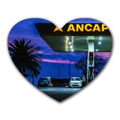 Night Scene Gas Station Building, Montevideo, Uruguay Heart Mousepads by dflcprintsclothing