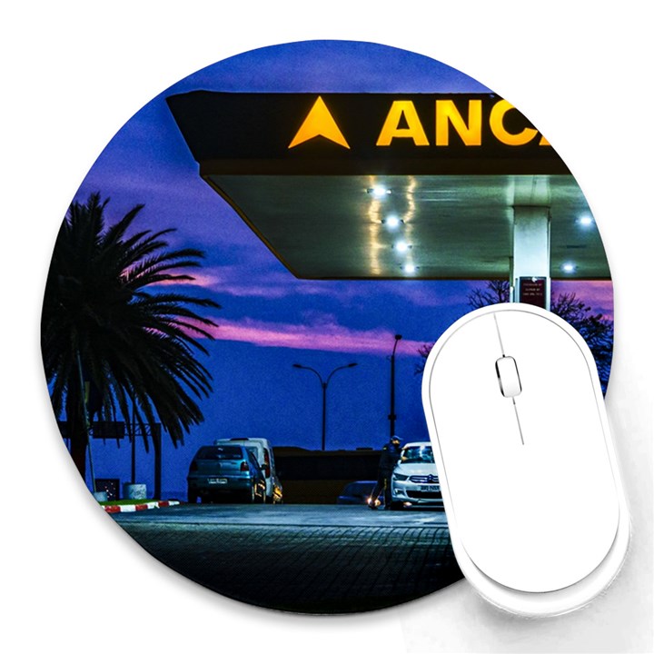 Night Scene Gas Station Building, Montevideo, Uruguay Round Mousepads