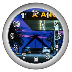 Night Scene Gas Station Building, Montevideo, Uruguay Wall Clock (silver) by dflcprintsclothing