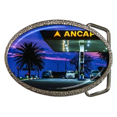 Night Scene Gas Station Building, Montevideo, Uruguay Belt Buckles by dflcprintsclothing