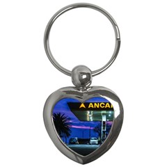 Night Scene Gas Station Building, Montevideo, Uruguay Key Chain (heart) by dflcprintsclothing