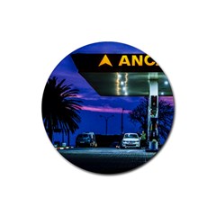 Night Scene Gas Station Building, Montevideo, Uruguay Rubber Round Coaster (4 Pack)  by dflcprintsclothing