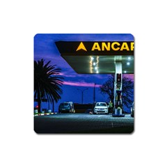 Night Scene Gas Station Building, Montevideo, Uruguay Square Magnet by dflcprintsclothing