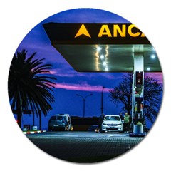 Night Scene Gas Station Building, Montevideo, Uruguay Magnet 5  (round) by dflcprintsclothing