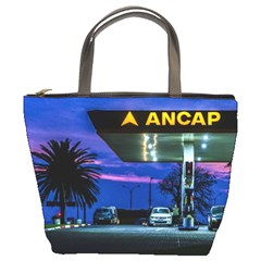 Night Scene Gas Station Building, Montevideo, Uruguay Bucket Bag by dflcprintsclothing