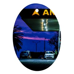 Night Scene Gas Station Building, Montevideo, Uruguay Oval Ornament (two Sides) by dflcprintsclothing