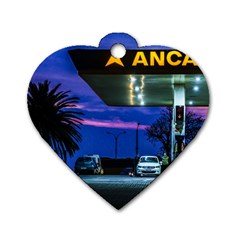 Night Scene Gas Station Building, Montevideo, Uruguay Dog Tag Heart (one Side) by dflcprintsclothing