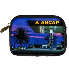 Night Scene Gas Station Building, Montevideo, Uruguay Digital Camera Leather Case by dflcprintsclothing