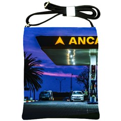 Night Scene Gas Station Building, Montevideo, Uruguay Shoulder Sling Bag by dflcprintsclothing