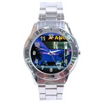 Night Scene Gas Station Building, Montevideo, Uruguay Stainless Steel Analogue Watch Front