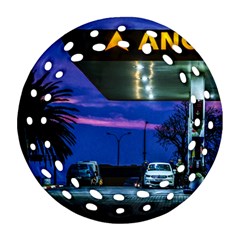 Night Scene Gas Station Building, Montevideo, Uruguay Ornament (round Filigree) by dflcprintsclothing