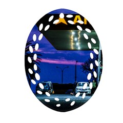 Night Scene Gas Station Building, Montevideo, Uruguay Ornament (oval Filigree) by dflcprintsclothing