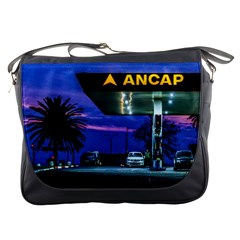 Night Scene Gas Station Building, Montevideo, Uruguay Messenger Bag by dflcprintsclothing