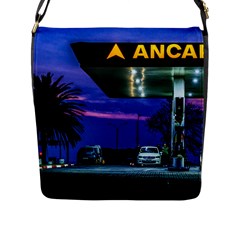 Night Scene Gas Station Building, Montevideo, Uruguay Flap Closure Messenger Bag (l) by dflcprintsclothing