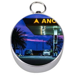 Night Scene Gas Station Building, Montevideo, Uruguay Silver Compasses by dflcprintsclothing